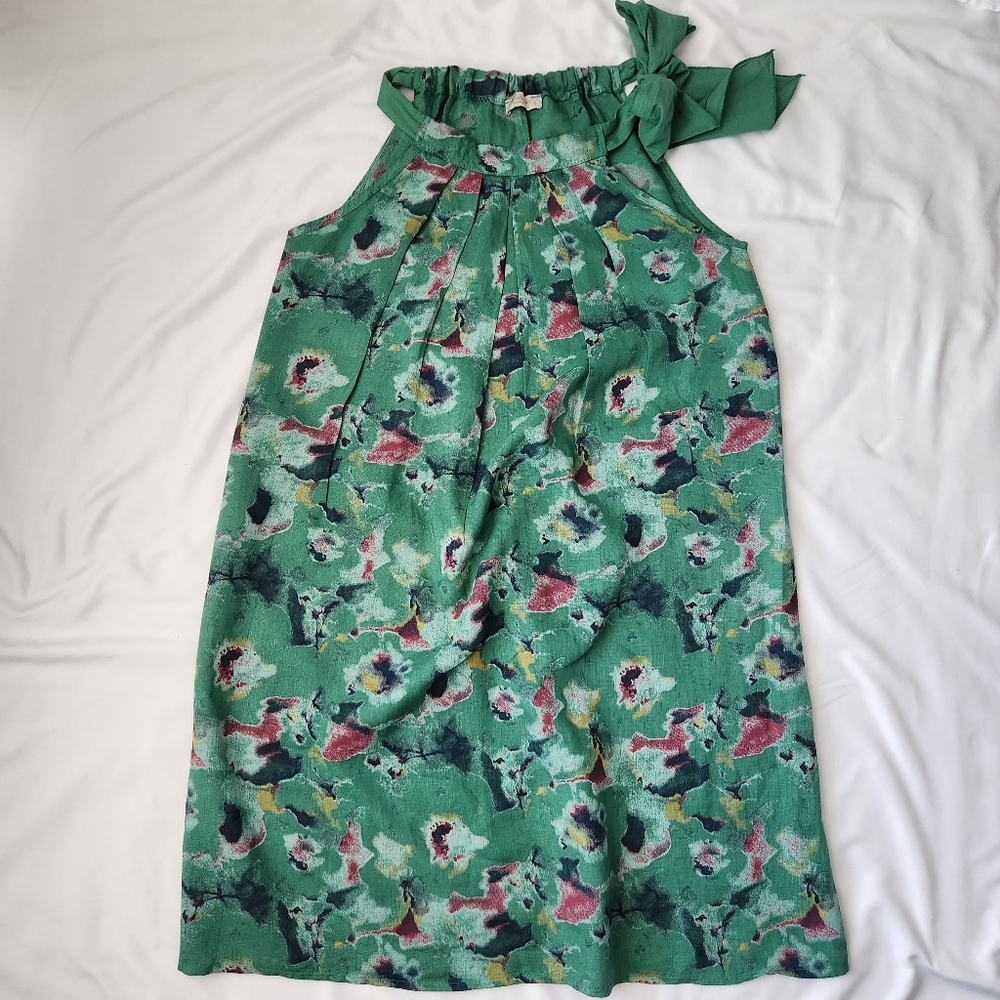 BELLAMBRA MADE IN ITALY 100% Linen Neck Tie Floral Watercolor Printed Dress - Picture 8 of 13
